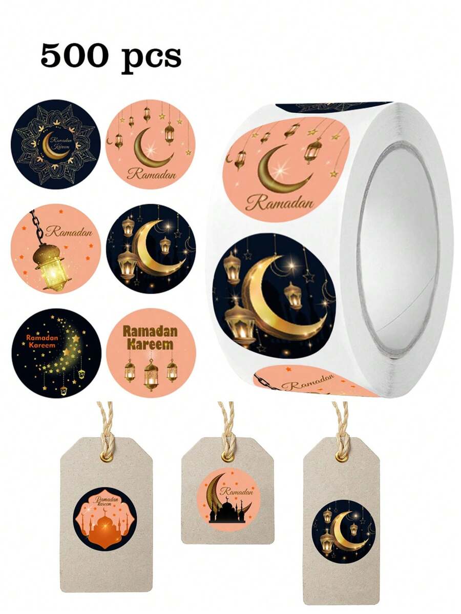 500 张/卷开斋节穆巴拉克新月自粘贴纸，粉红金圆形开斋节派对 DIY 装饰标签，伊斯兰礼品盒和袋子装饰用品，防水乙烯基贴纸