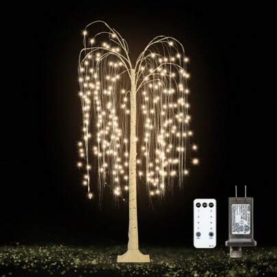 6FT Lighted Willow Tree, Lighted Weeping Willow Artificial Tree With Light-Control For Thanksgiving Christmas Halloween Festival Decor, White, Outdoor Garden Lighting For Pathway, Yard, Patio