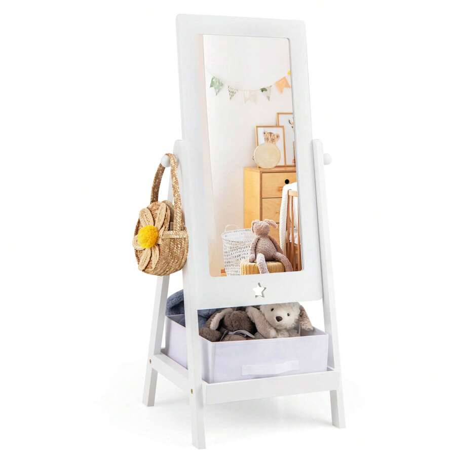 Lifezeal Kids Full Length Mirror 360° Rotatable Freestanding Dressing Mirror With Storage Bin White - White - View 1