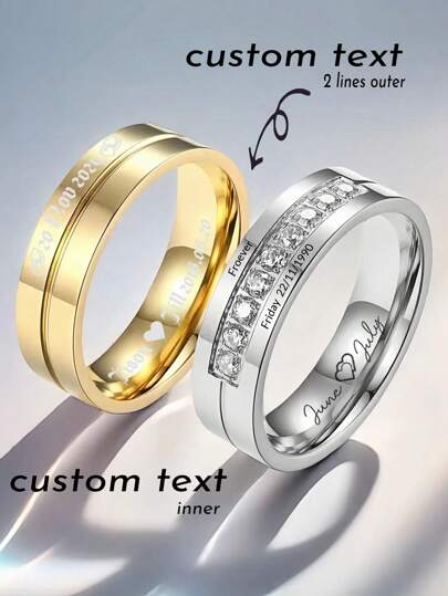 1 pièce Bague personnalisée en acier au titane 316L avec 2 lignes de zircone sertie. Bague de style minimaliste haut de gamme. Gravure de date, de nom, de texte pour couple, mémorial, mariage. Or, argent, élégant, mode automne, vintage, animaux de compagnie, fils, fille, grands-parents pour anniversaire, Saint-Valentin, Fête des Mères, anniversaire, remise de diplôme, Fête des Pères, mariage, port quotidien, soirée, bal