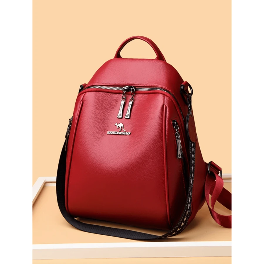 Women's Backpack Synthetic Leather 3 Adjustable Straps Waterproof Casual Elegant Modern School Versatile Pockets Anti-Theft - 酒紅色 - 查看 1
