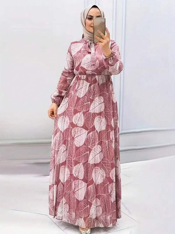 Front Lace-Up Long Sleeve Casual Plant Print Loose Simple Dress, Modest