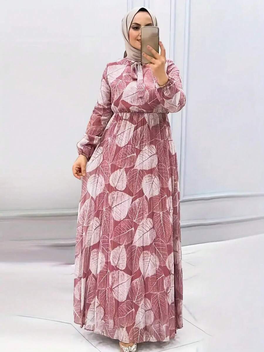Front Lace-Up Long Sleeve Casual Plant Print Loose Simple Dress, Modest