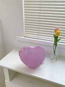 纯色心形时尚休闲情人节迷你单肩包，适合女士情人节，心形钱包，与情人节连衣裙完美搭配 - 粉色 - 查看 6