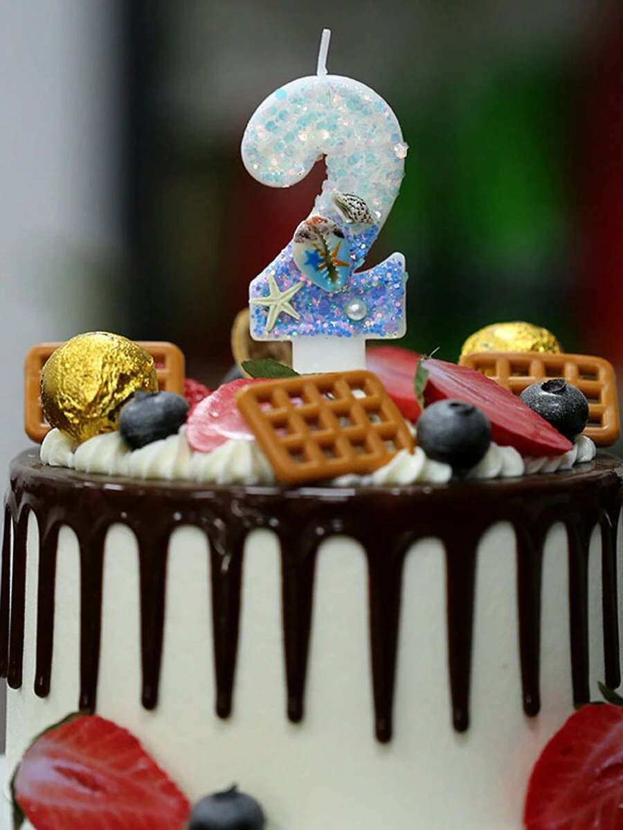 1 pieza Vela de cera con tema de océano en degradado azul con espiral de concha y números digitales del 0 al 9, decoración de tarta con tapa de concha y estrella de mar para cumpleaños