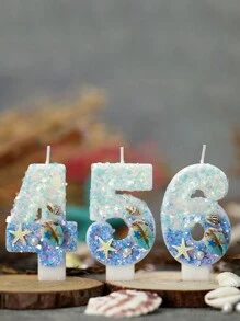 1 pieza Vela de cera con tema de océano en degradado azul con espiral de concha y números digitales del 0 al 9, decoración de tarta con tapa de concha y estrella de mar para cumpleaños