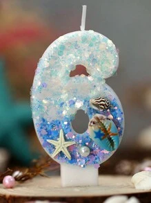 1 pieza Vela de cera con tema de océano en degradado azul con espiral de concha y números digitales del 0 al 9, decoración de tarta con tapa de concha y estrella de mar para cumpleaños
