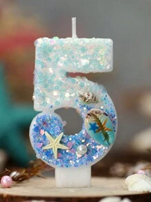 1 pieza Vela de cera con tema de océano en degradado azul con espiral de concha y números digitales del 0 al 9, decoración de tarta con tapa de concha y estrella de mar para cumpleaños