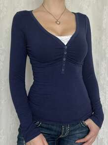 Women's T-Shirt Y2K Fall Clothes Casual Daily Sexy Solid Color Lace Contrasting Color Slim Long Sleeve V-Neck Top