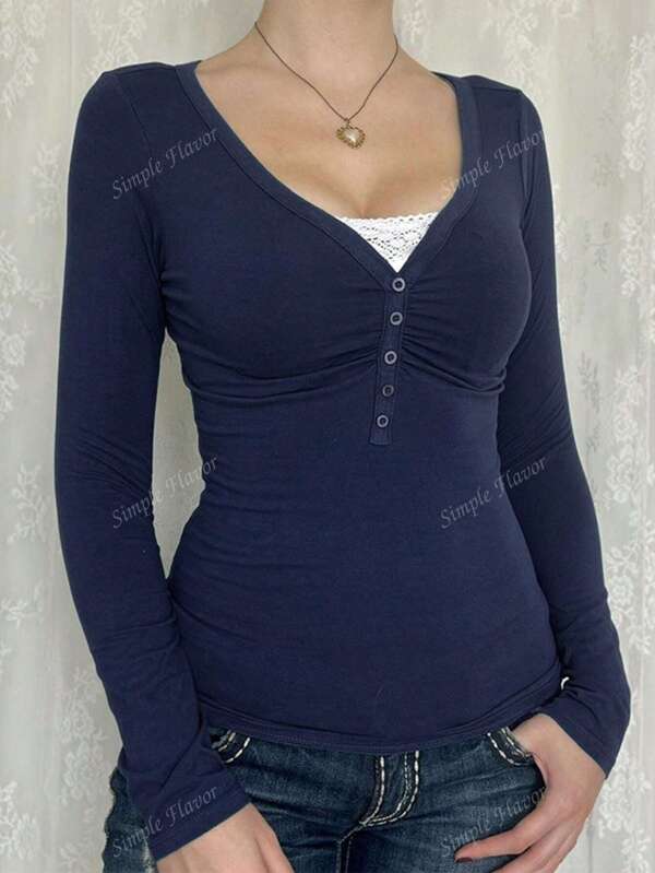 Einfacher Geschmack Damen T-Shirt Y2K Herbstkleidung Lässig Täglich Sexy einfarbig Spitze Kontrastfarbe schlanke langärmelige V-Ausschnitt Oberteil