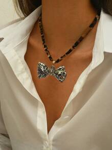 1pc Leopard Printing Necklace, Heart Bow Star Flower Pendent Necklace, Winter Necklace, Daily Accessory, Dating, Party Necklace, Woman Gift, Valentine's Day Gift Valentines