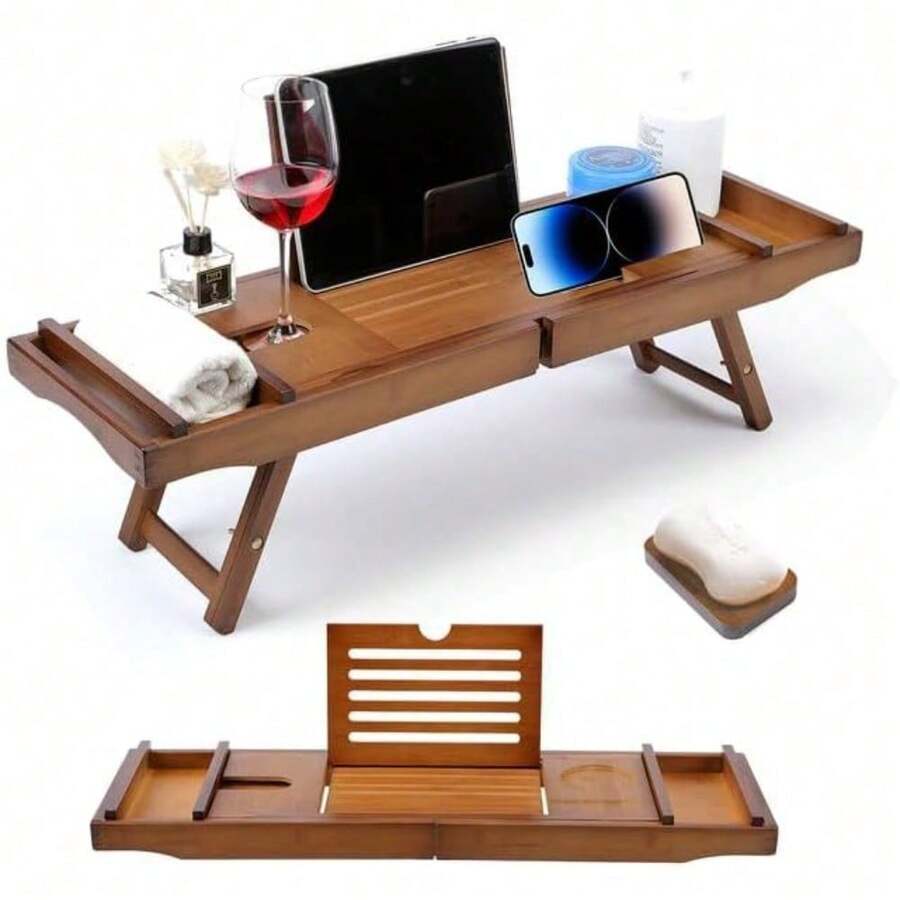Bathtub Tray 29.5''-43'' Natural Bamboo Extendable Bath Tub Tray Table Waterproof Bathtub Caddy Bed Tray With Folding Feet - Elegant Gifts For Luxury Home Spa (Brown) - default - View 1