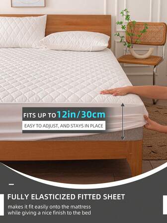 1pc Waterproof Fitted Sheet, Bedding, Fitted Sheet, Mattress Cover, Soft & Comfortable Bedroom Bedding, Solid Color Mattress Protector, Bedroom Bedding, Deep Pocket Breathable Quilted Fitted Sheet, Fits Twin, Full, Queen, King Size Beds, Dust Protection, No Pillow And Pillowcase Included, Machine Washable, Bedding Gift, White