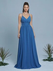 Vestido de dama de honor con diseño de encaje en unicolor, estilo halter y espalda descubierta