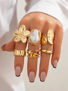 6 件/套复古金属花朵和宝石装饰戒指套装，女士优雅巴洛克仿珍珠戒指，朋克嘻哈金指关节戒指，适合日常佩戴、派对、节日礼物、百搭服装配饰情人节、妈妈、母亲、母亲节、礼物 - 金黃色 - 查看 13