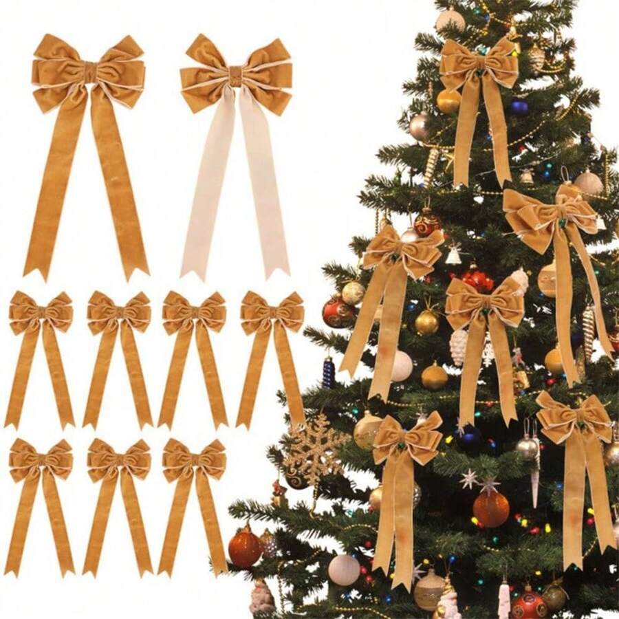 Christmas Large Bowknot Christmas Velvet Bows For Tree Christmas Tree Topper Bow Ornaments For Xmas Holiday Party Decoration Gift Wrapping Christmas Tree Ornaments Christmas Holiday Indoors Supplies-1Pcs/13cm*24cm - Khaki - View 1