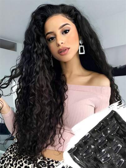 Clip In Hair Extensions 16 Clips 7pcs Set Preto Longo Cacheado Ondulado Extensão de Cabelo para Mulheres Extensões de Cabelo Sintético Clip In Hair Extensions Extensões de Cabelo Grosso Longo Renda Trama Leve Sintético Hairpieces para Mulheres