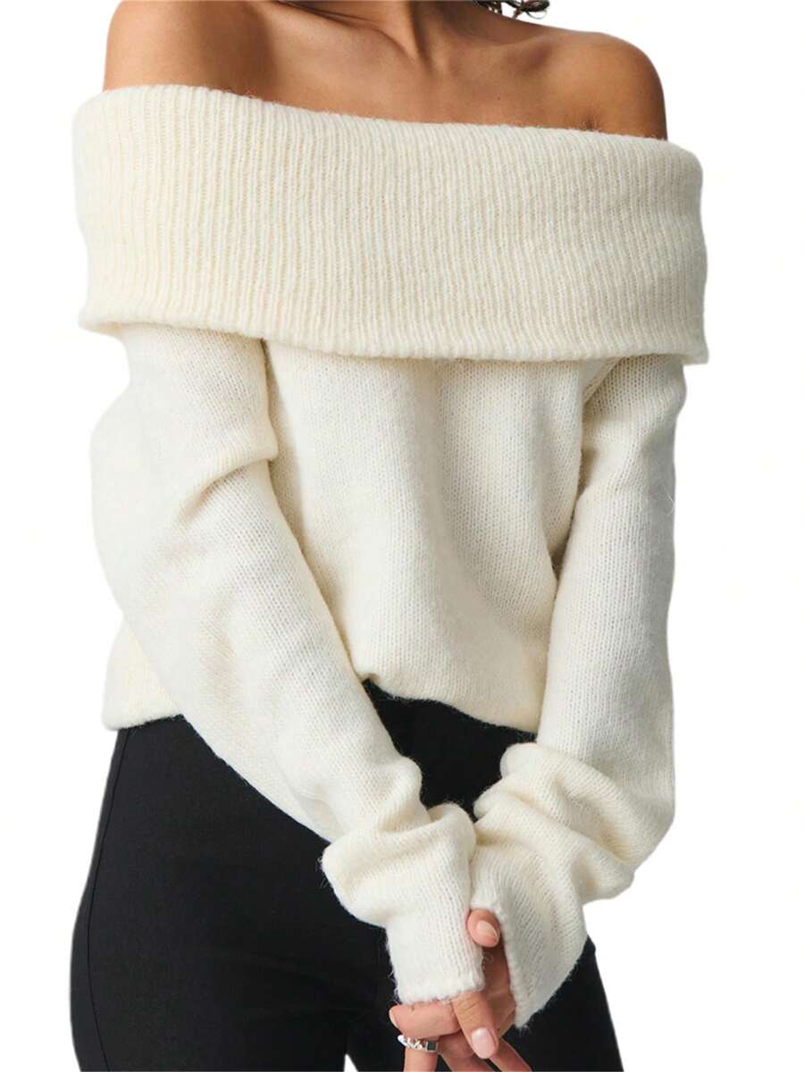 Women's Off Shoulder Crop Sweater Solid Color Boat Neck Long Sleeve Loose Fit Knitwear Pullover - Multicolor - View 1