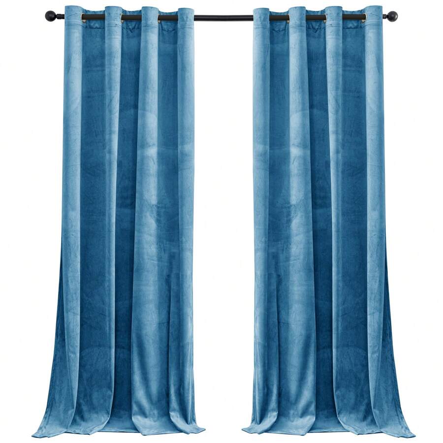 CYCMACO 2 Piece Velvet Indoor Curtains, Modern Bedroom Blackout Curtains With Eyelets, Cold Insulating Thermal Curtain For Living Room Lounge Children's Room - 藍色 - 查看 1