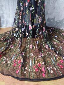 3D Embroidered Floral Pattern Tulle Fabric, Lace Fabric For DIY Dress Making And Crafts Making - Black - View 5