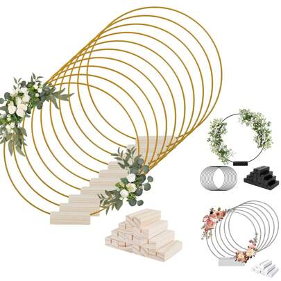 10 piezas Centro de mesa con aros florales y soporte para mesa, centros de mesa metálicos de 10/12 pulgadas con círculo dorado para recepción de boda, centros de mesa DIY, artesanías de pared colgantes (negro/dorado/plateado)