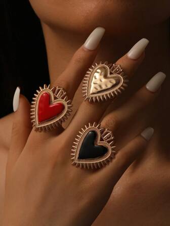 1pc Gothic Exaggerated Heart Shaped Ring, Red & Black Open Adjustable Couple Rings, Daily Wear Jewelry, Valentine Gift,Mom,Mother,Mother's Day,Gift