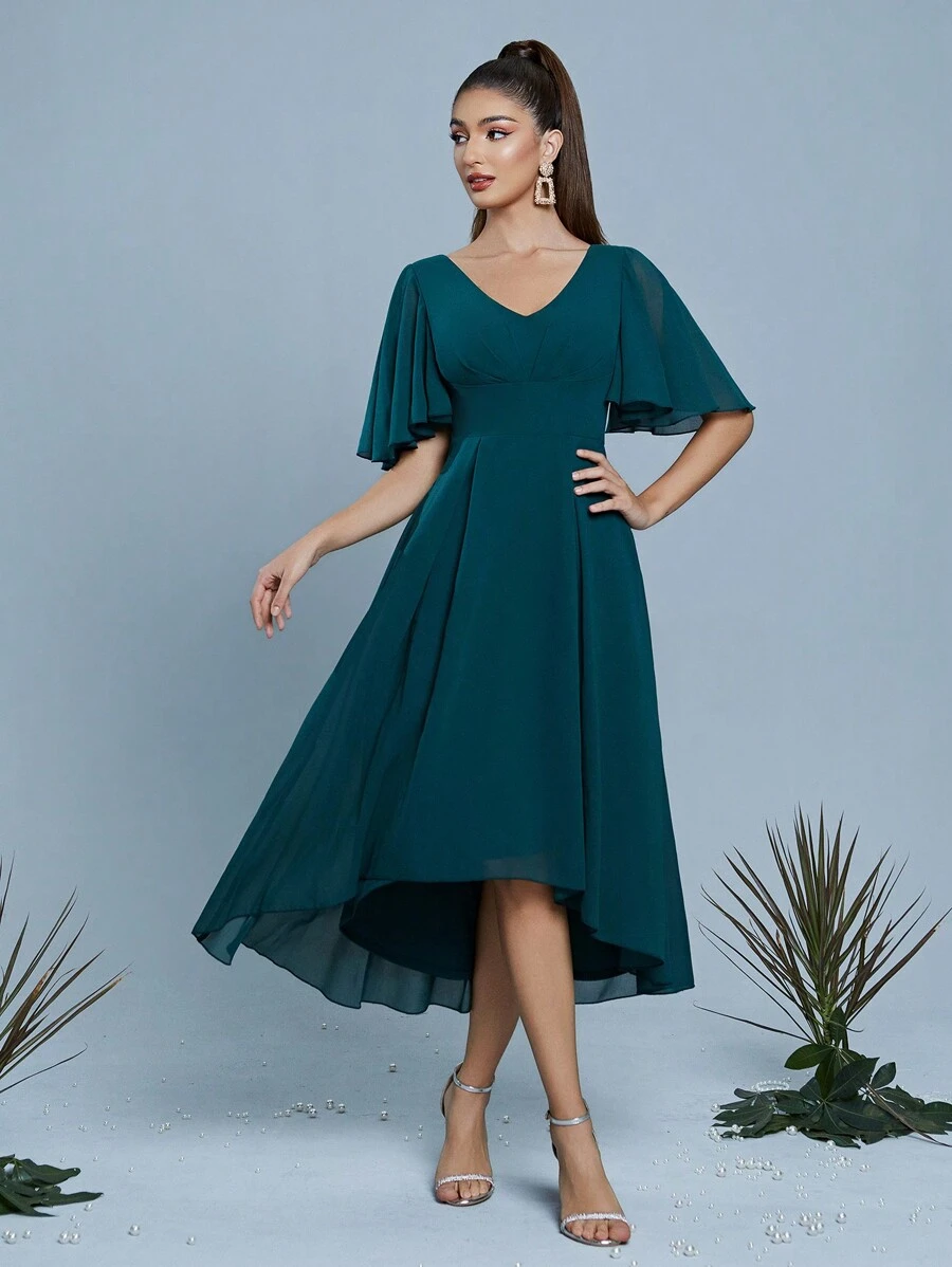 Mgiacy New Arrival V Neck Elegant Bridesmaid Dress Ruched Flounce Sleeve Chiffon Ball Dress - Dark Green - View 1