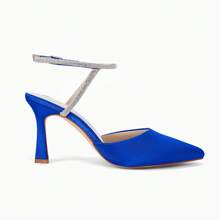 Women Rhinestone Heels Kitten High Satin Pumps Pointed Toe Sparkly Sexy Wedding Dress Shoes Christmas Gift & New Year Gift - 寶藍色 - 查看 5