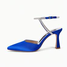 Women Rhinestone Heels Kitten High Satin Pumps Pointed Toe Sparkly Sexy Wedding Dress Shoes Christmas Gift & New Year Gift - 寶藍色 - 查看 3