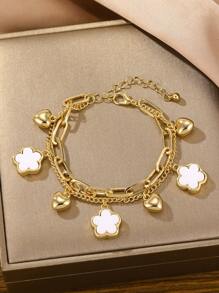 1pc Double Layer Four-Leaf Clover Heart Charm Bracelet
