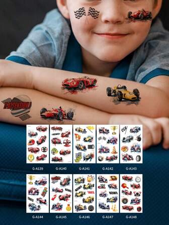 Temporary Tattoos For Kids, 75 PCS Truck Fake Tattoos For Birthday Party Favor- Silver Metallic Styles Tattoos | Monster Truck, Car Racing, Checkered Flag, Flames Tattoo For 5 6 7 8 Years Boys Girls