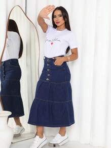 Women Denim Skirts - 中等水洗藍 - 查看 3