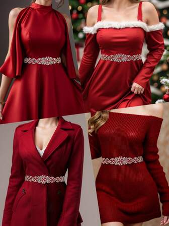 1 条手工制作的闪亮钻石女士腰带，红色水钻经典耐用腰带适合圣诞节、新年、休闲毛衣、婚纱