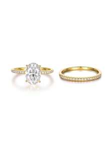 2pcs Set Fashionable Minimalist Style S925 Silver Oval 2.5CT Moissanite Ring Set, Jewelry For Women Suitable For Engagement, Wedding, Party, Daily Wear, Gift For Valentine's Day