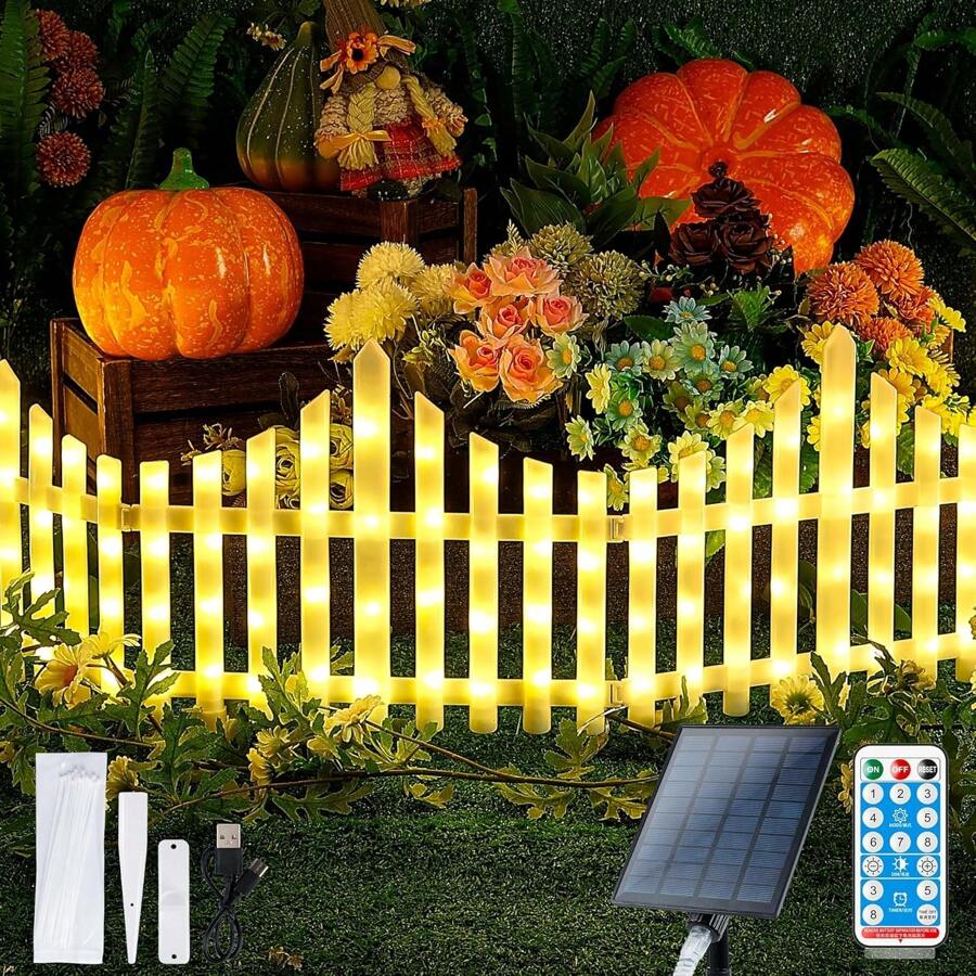 1 Box Of 8pcs, 2.8m/110inch, Solar Fence Light,Garden Small Yard Lawn Mini Fence, Suitable For Christmas Atmosphere Decoration, Birthday Scene Decoration,With USB Type-C Charging Port New Outdoor Colored Lantern Fence Yard Decoration.Pet Pen.