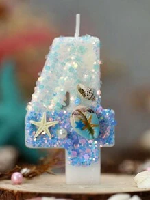 1 pieza Vela de cera con tema de océano en degradado azul con espiral de concha y números digitales del 0 al 9, decoración de tarta con tapa de concha y estrella de mar para cumpleaños