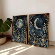 1/2pcs Unframed Boho Botanical Floral Moon Celestial Art Vintage Poster Dark Academia Moody Canvas Painting Print Minimalist Wall Picture For Dorm,Apartment,Bedroom,Living Room,Modern Home Decoration