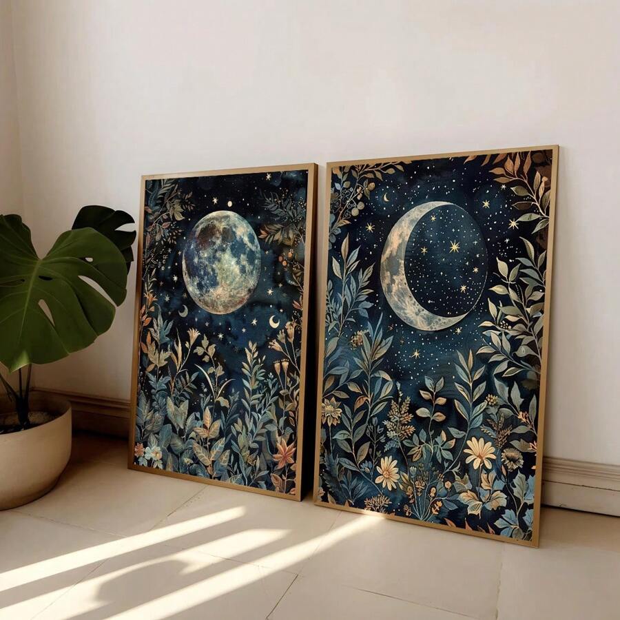 1/2pcs Unframed Boho Botanical Floral Moon Celestial Art Vintage Poster Dark Academia Moody Canvas Painting Print Minimalist Wall Picture For Dorm,Apartment,Bedroom,Living Room,Modern Home Decoration