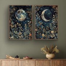 1/2pcs Unframed Boho Botanical Floral Moon Celestial Art Vintage Poster Dark Academia Moody Canvas Painting Print Minimalist Wall Picture For Dorm,Apartment,Bedroom,Living Room,Modern Home Decoration