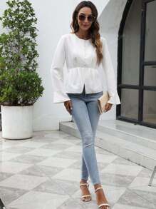 Blusa elegante con diseño de cintura fruncida de color liso informal