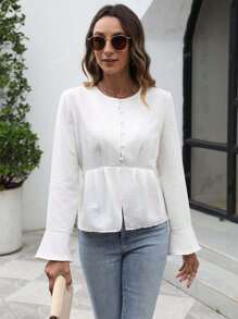 Blusa elegante con diseño de cintura fruncida de color liso informal