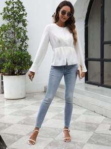Blusa elegante con diseño de cintura fruncida de color liso informal