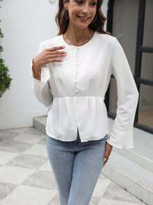 Blusa elegante con diseño de cintura fruncida de color liso informal