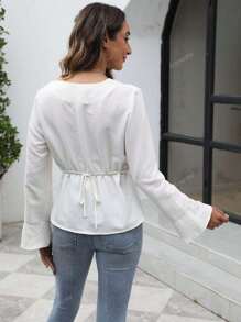Blusa elegante con diseño de cintura fruncida de color liso informal