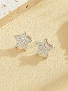 1pair Brilliant Crystal Star Earrings For Men Full Paved White Cubic Zirconia Simple Stylish Earring Versatile Fashion Jewelry