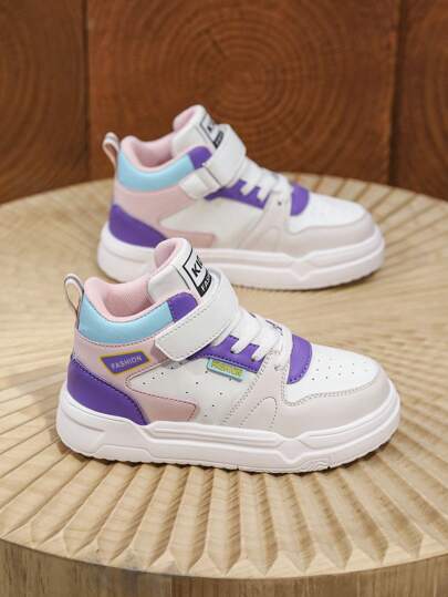 Kids' Colorblock Leather Splicing Outdoor Shoes, Comfortable Shock-Absorbing Versatile Cute Casual Shoes, High-Top Avant-Garde Cute Flat Shoes For Boys And Girls, Cushioned Sneakers Comfortable Outdoor Wear Student Shoes