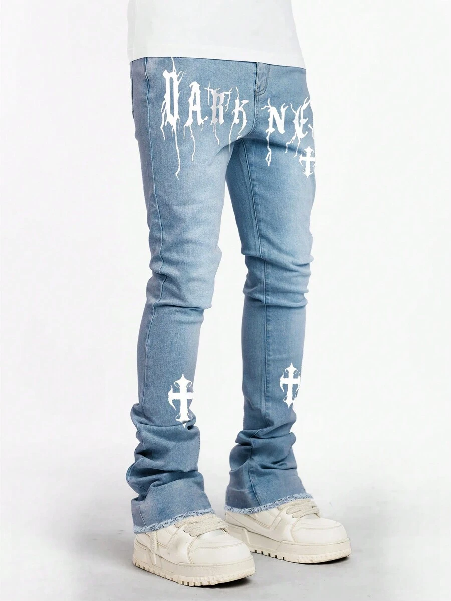 弹力紧身叠穿牛仔裤，休闲街头时尚，棉质水洗斜口袋喇叭裤，时尚图案 - 藍色 - 查看 1