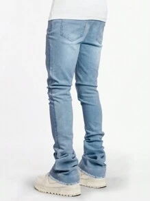 弹力紧身叠穿牛仔裤，休闲街头时尚，棉质水洗斜口袋喇叭裤，时尚图案 - 藍色 - 查看 4