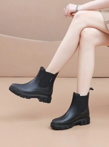 Women's New Elastic Opening Mid-Calf Rain Boots, Chelsea Style Waterproof Non-Slip Outdoor Boots