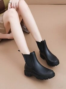 Women's New Elastic Opening Mid-Calf Rain Boots, Chelsea Style Waterproof Non-Slip Outdoor Boots